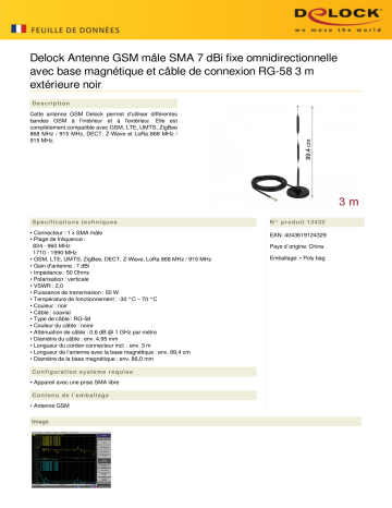 DeLOCK 12432 GSM Antenna SMA plug 7 dBi fixed omnidirectional Fiche technique | Fixfr