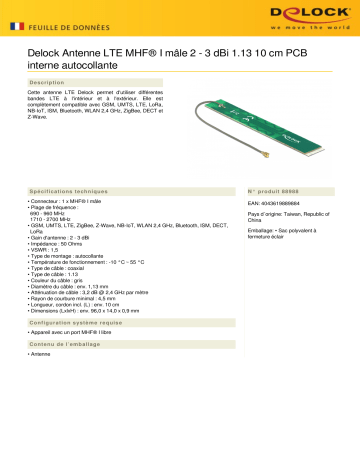 DeLOCK 88988 LTE Antenna MHF® I plug 2 - 3 dBi 1.13 10 cm PCB internal self adhesive Fiche technique | Fixfr