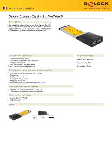 DeLOCK 66205 Express Card > 2 x FireWire B Fiche technique | Fixfr