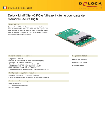 DeLOCK 95238 MiniPCIe I/O PCIe full size 1 x Secure Digital slot Fiche technique | Fixfr
