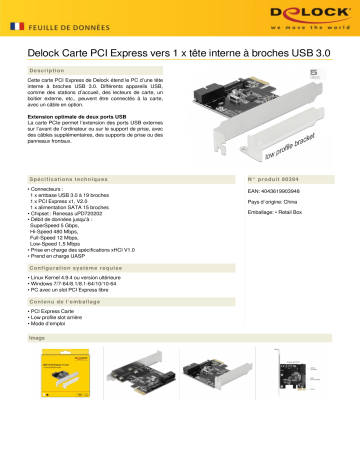 DeLOCK 90394 PCI Express Card to 1 x internal USB 3.0 Pin Header Fiche technique | Fixfr