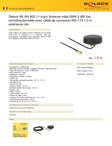 DeLOCK 65890 WLAN 802.11 b/g/n Antenna SMA plug 3 dBi fixed omnidirectional Fiche technique | Fixfr