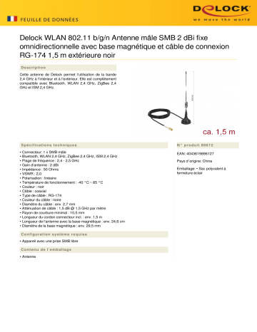 DeLOCK 89612 WLAN 802.11 b/g/n Antenna SMB plug 2 dBi fixed omnidirectional Fiche technique | Fixfr