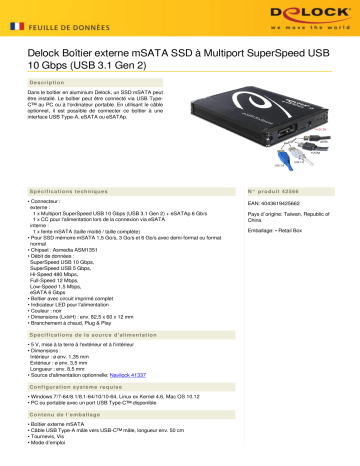 DeLOCK 42566 External Enclosure mSATA SSD > Multiport SuperSpeed USB 10 Gbps (USB 3.1 Gen 2) Fiche technique | Fixfr