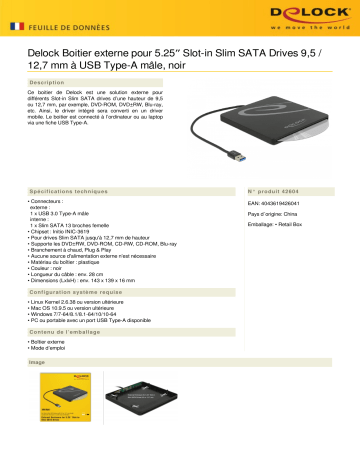 DeLOCK 42604 External Enclosure for 5.25″ Slot-in Slim SATA Drives 9.5 / 12.7 mm to USB Type-A male black Fiche technique | Fixfr