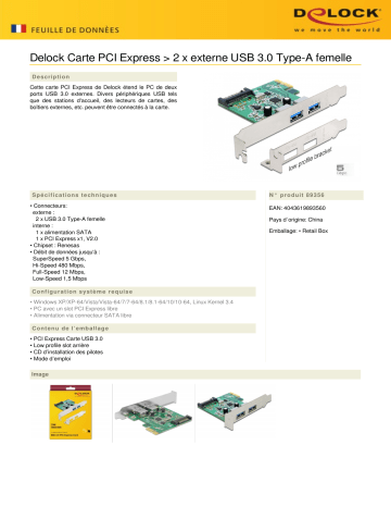 DeLOCK 89356 PCI Express Card > 2 x external USB 3.0 Type-A female Fiche technique | Fixfr