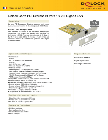 DeLOCK 90440 PCI Express x1 Card 1 x RJ45 2.5 Gigabit LAN RTL8125 Fiche technique | Fixfr