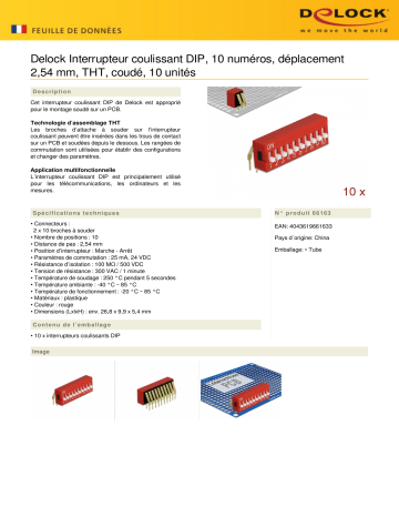 DeLOCK 66163 DIP sliding switch 10-digit 2.54 mm pitch THT angled red 10 pieces Fiche technique | Fixfr