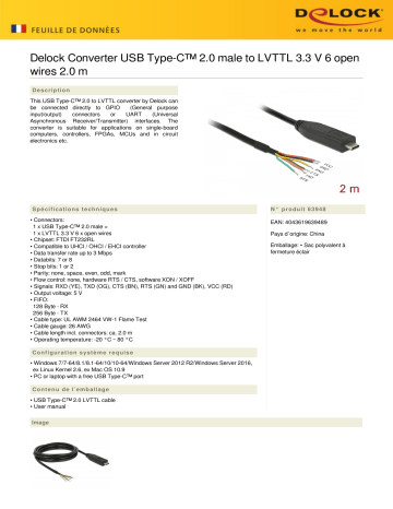 DeLOCK 63948 Converter USB Type-C™ 2.0 male to LVTTL 3.3 V 6 open wires 2.0 m Fiche technique | Fixfr