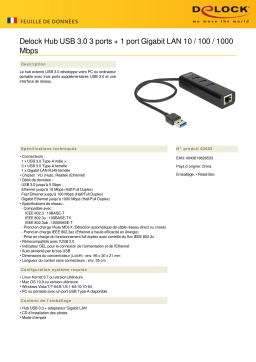 DeLOCK 62653 USB 3.0 Hub 3 Port + 1 Port Gigabit LAN 10/100/1000 Mbps Fiche technique