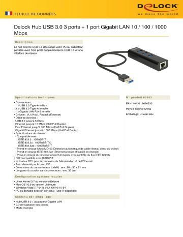DeLOCK 62653 USB 3.0 Hub 3 Port + 1 Port Gigabit LAN 10/100/1000 Mbps Fiche technique | Fixfr