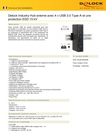 DeLOCK 63309 External Industry Hub 4 x USB 3.0 Type-A Fiche technique | Fixfr