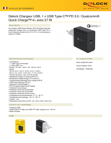 DeLOCK 41444 USB Charger 1 x USB Type-C™ PD 3.0 / Qualcomm® Quick Charge™ 4+ Fiche technique | Fixfr