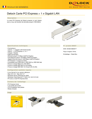 DeLOCK 89357 PCI Express x1 Card 1 x RJ45 Gigabit LAN RTL8111 Fiche technique | Fixfr