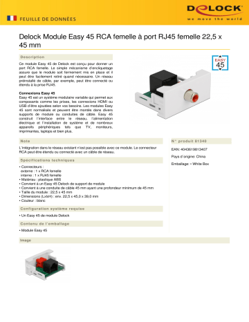 DeLOCK 81340 Easy 45 Module RCA female to RJ45 female port 22.5 x 45 mm Fiche technique | Fixfr