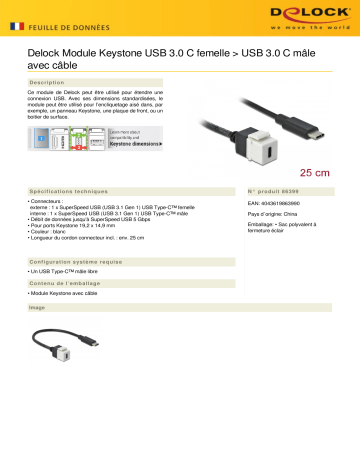 DeLOCK 86399 Keystone Module USB 3.0 C female > USB 3.0 C male Fiche technique | Fixfr