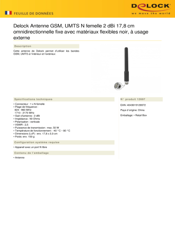 DeLOCK 12697 GSM, UMTS Antenna N jack 2 dBi 17.8 cm omnidirectional fixed Fiche technique | Fixfr