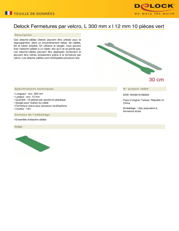 DeLOCK 18694 Hook-and-loop fasteners L 300 mm x W 12 mm 10 pieces green Fiche technique | Fixfr