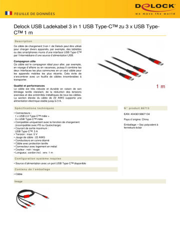 DeLOCK 86713 USB Ladekabel 3 in 1 USB Type-C™ zu 3 x USB Type-C™ 1 m Fiche technique | Fixfr