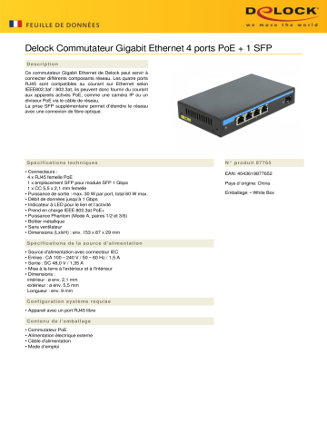 DeLOCK 87765 Gigabit Ethernet Switch 4 Port PoE + 1 SFP Fiche technique | Fixfr