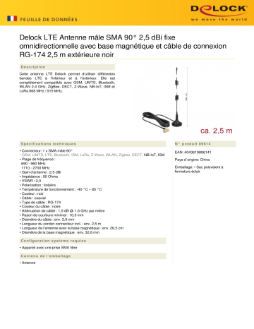 DeLOCK 89614 LTE Antenna SMA plug 90° 2.5 dBi fixed omnidirectional Fiche technique | Fixfr