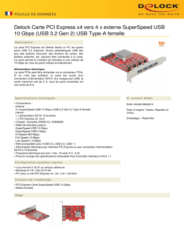 DeLOCK 90481 PCI Express x4 Card to 4 x external SuperSpeed USB 10 Gbps (USB 3.2 Gen 2) USB Type-A female Fiche technique | Fixfr