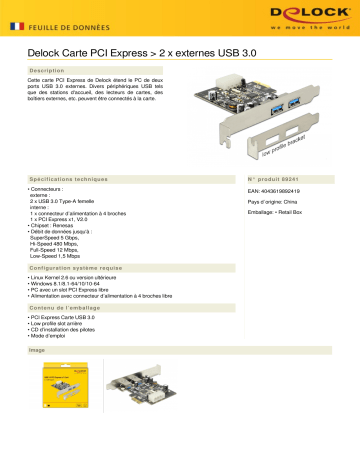 DeLOCK 89241 PCI Express Card > 2 x external USB 3.0 Fiche technique | Fixfr