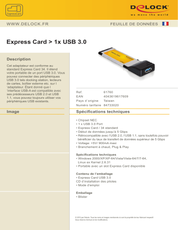 DeLOCK 61760 Express Card > 1x USB 3.0 Fiche technique | Fixfr