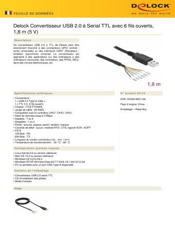 DeLOCK 83116 USB 2.0 to Serial TTL Converter Fiche technique | Fixfr