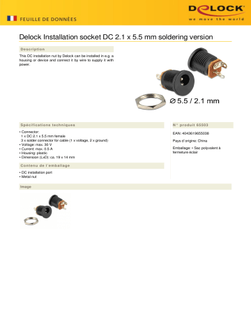 DeLOCK 65503 Installation socket DC 2.1 x 5.5 mm soldering version Fiche technique | Fixfr