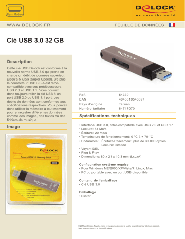 DeLOCK 54339 USB 3.0 memory stick 32 GB Fiche technique | Fixfr