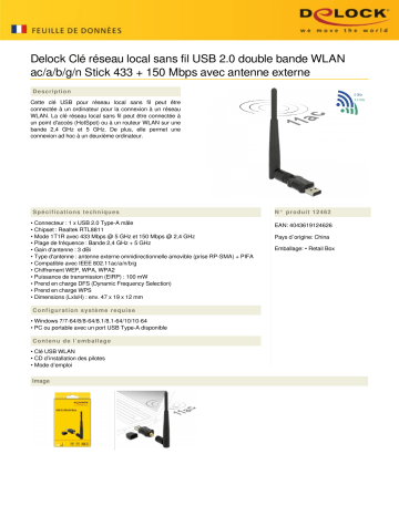 DeLOCK 12462 USB 2.0 Dual Band WLAN ac/a/b/g/n Stick 433 + 150 Mbps Fiche technique | Fixfr