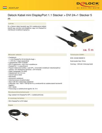 DeLOCK 83991 Kabel mini DisplayPort 1.1 Stecker > DVI 24+1 Stecker 5 m Fiche technique | Fixfr