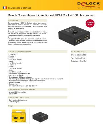DeLOCK 64072 HDMI 2 - 1 Switch bidirectional 4K 60 Hz compact Fiche technique | Fixfr