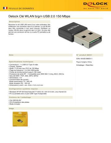 DeLOCK 88541 USB 2.0 WLAN b/g/n Nano Stick 150 Mbps Fiche technique | Fixfr