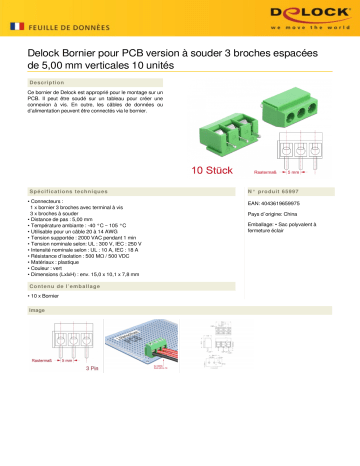 DeLOCK 65997 Terminal block for PCB soldering version 3 pin 5.00 mm pitch vertical 10 pieces Fiche technique | Fixfr