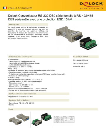 DeLOCK 62920 Converter 1 x Serial RS-232 DB9 female to 1 x Serial RS-422/485 DB9 male Fiche technique | Fixfr