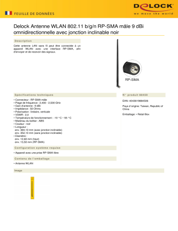 DeLOCK 88450 WLAN 802.11 b/g/n Antenna RP-SMA plug 9 dBi omnidirectional Fiche technique | Fixfr