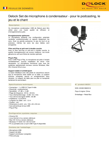 DeLOCK 66331 USB Condenser Microphone Set - for Podcasting, Gaming and Vocals Fiche technique | Fixfr