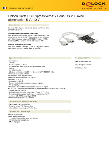 DeLOCK 89909 PCI Express Card to 2 x Serial RS-232 Fiche technique | Fixfr