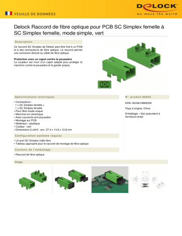 DeLOCK 86932 Optic Fiber Coupler for PCB SC Simplex female to SC Simplex female Single-mode green Fiche technique | Fixfr