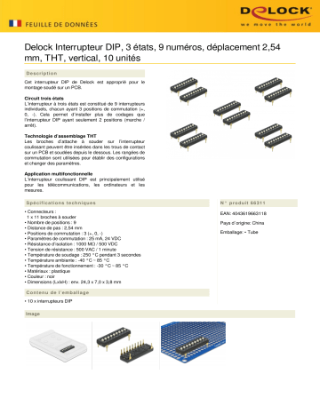 DeLOCK 66311 DIP switch Tri-State 9-digit 2.54 mm pitch THT vertical black 10 pieces Fiche technique | Fixfr