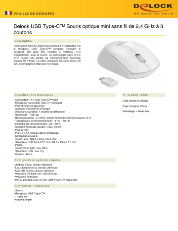 DeLOCK 12668 Optical 3-button mini mouse USB Type-C™ 2.4 GHz wireless Fiche technique | Fixfr