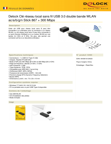 DeLOCK 12463 USB 3.0 Dual Band WLAN ac/a/b/g/n Stick 867 + 300 Mbps Fiche technique | Fixfr