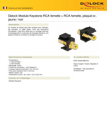 DeLOCK 86743 Keystone Module RCA female > RCA female gold plated yellow / black Fiche technique | Fixfr