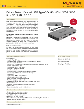 DeLOCK 87735 USB Type-C™ Docking Station 4K - HDMI / VGA / USB 3.1 / SD / LAN / PD 3.0 Fiche technique | Fixfr