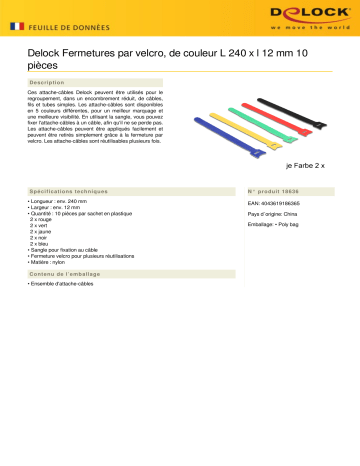 DeLOCK 18636 Hook-and-loop fasteners coloured L 240 x W 12 mm 10 pieces Fiche technique | Fixfr