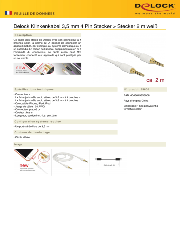 DeLOCK 85600 Klinkenkabel 3,5 mm 4 Pin Stecker > Stecker 2 m weiß Fiche technique | Fixfr