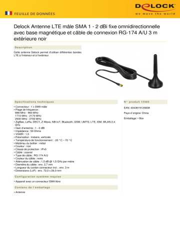DeLOCK 12583 LTE Antenna SMA plug 1 - 2 dBi fixed omnidirectional Fiche technique | Fixfr