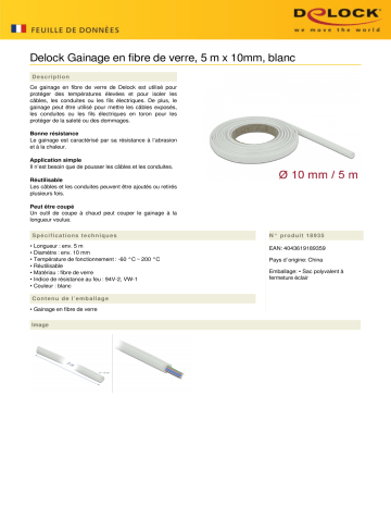 DeLOCK 18935 Fiberglass Sleeving 5 m x 10 mm white Fiche technique | Fixfr